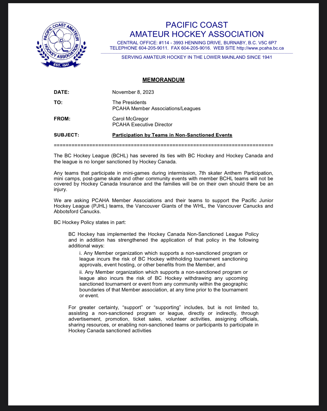 PCAHA Memorandum